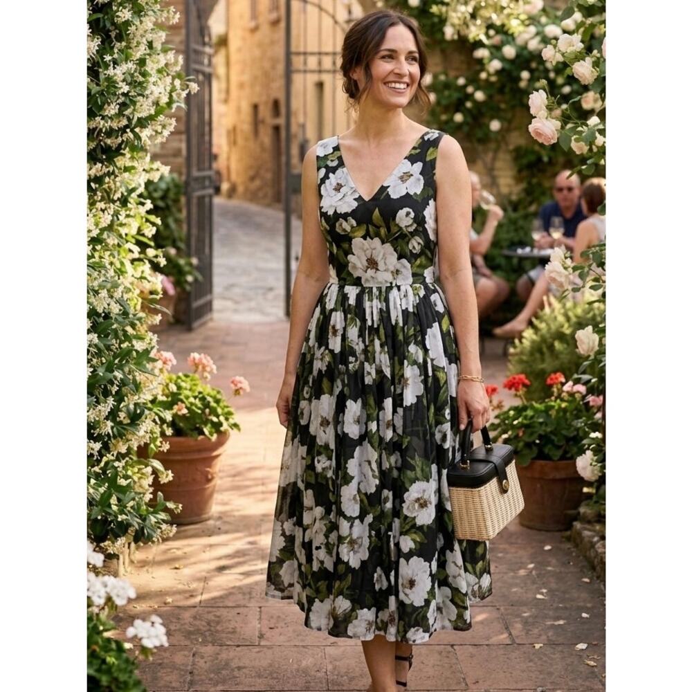 Samantha Sung Floral Cotton Blend V-Neck Sleeveless Midi Dress Size 8